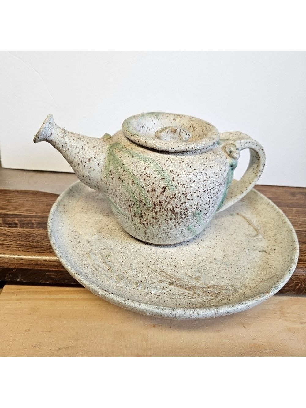 Handmade Artisan Stoneware Pottery Teapot and Under Plate